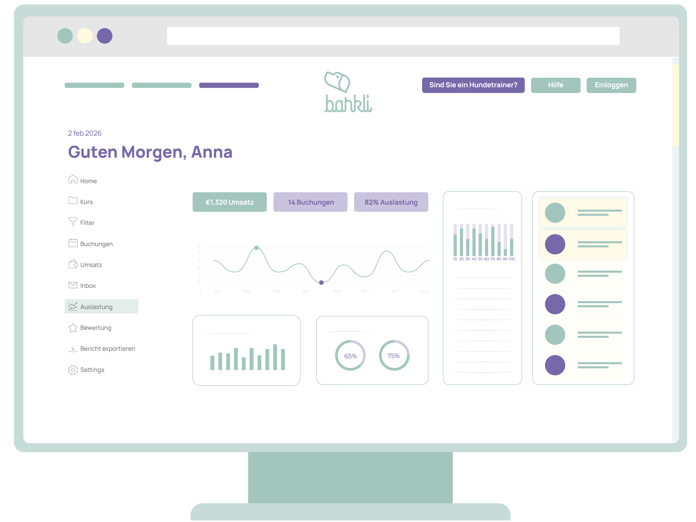 barkli Trainer-Dashboard: Umsatz €1.320, 14 Buchungen, 82% Auslastung – Übersicht auf einen Blick.